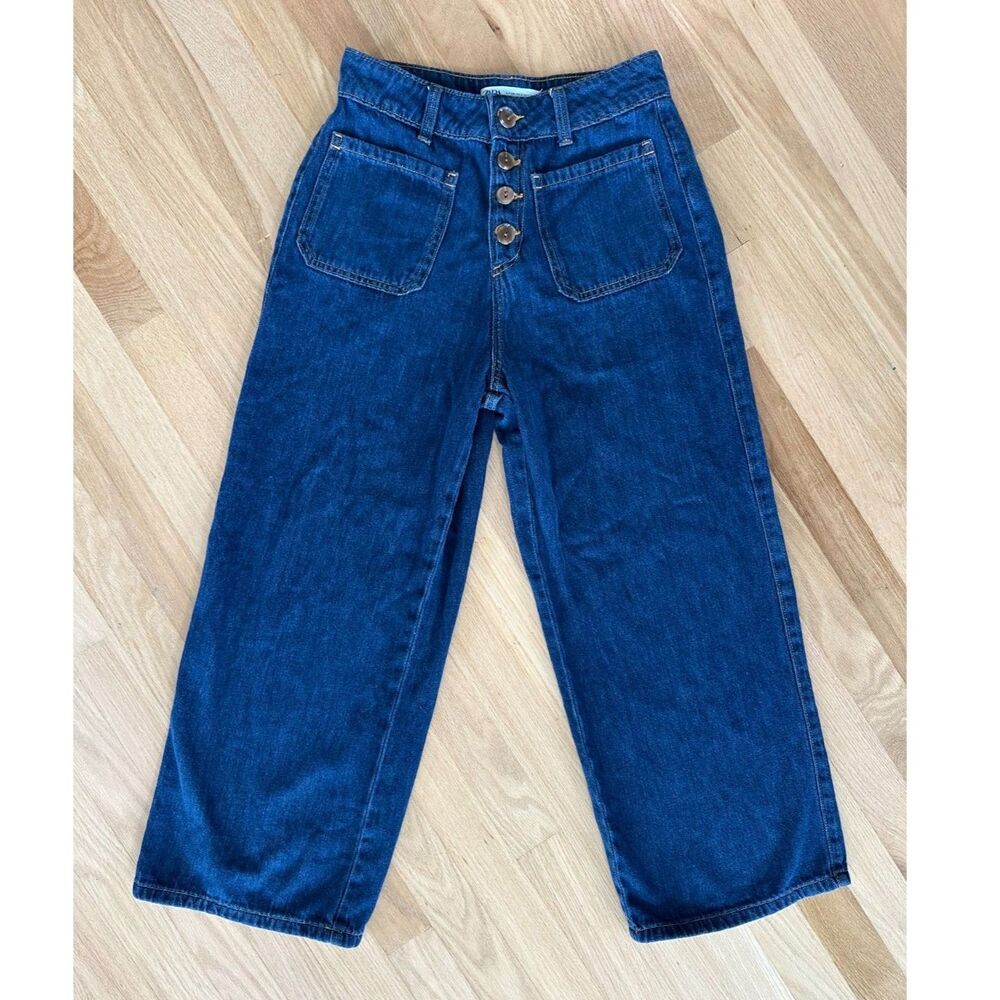 ZARA Marine Straight Jeans High Rise Wide Leg Button Fly Patch Pocket Blue sz 6